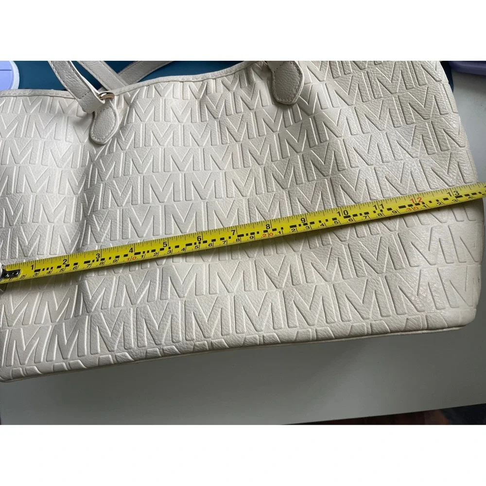 Mia K Milan tote bag Off White Monogram emblem gold Tone chic minimalist soft